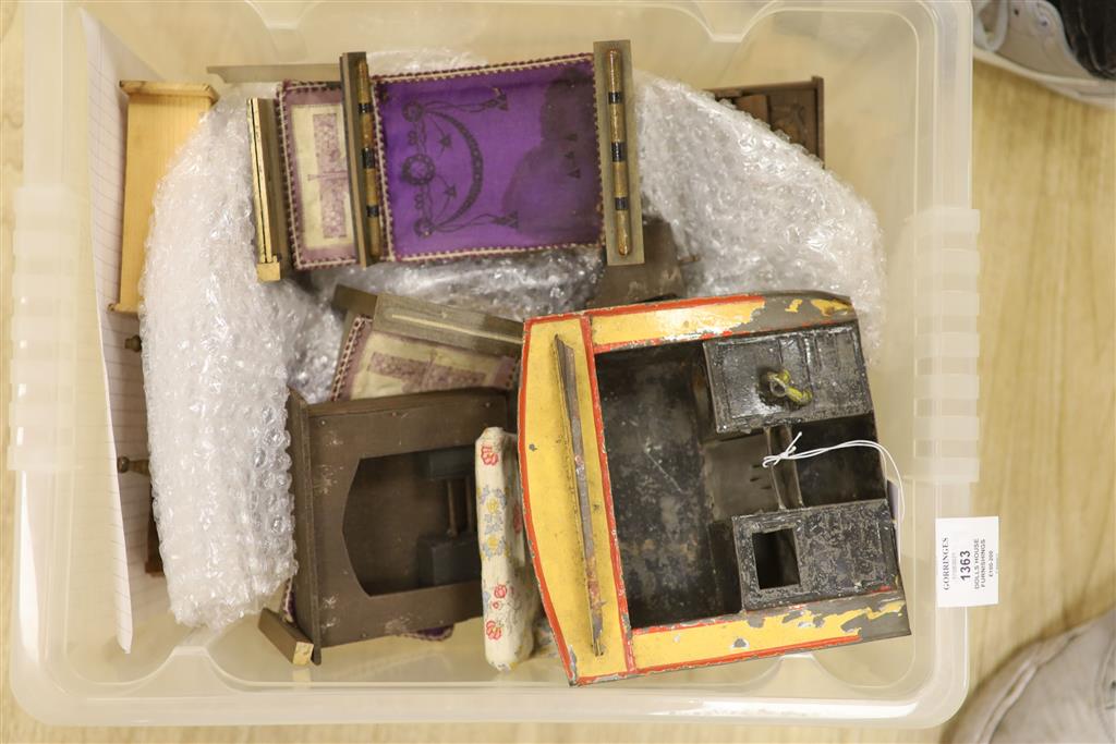 An assortment of dolls house furnishings and effects, ornaments, paintings and two etchings including three framed